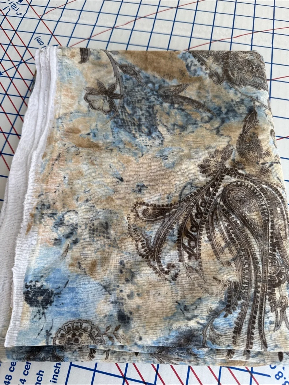 Textured Crepe Knit Fabric Blue Brown Paisley Boho 2.5 Yards x 58